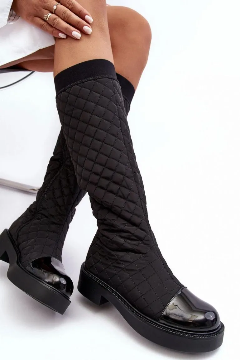 Pikowane Kozaki Przed Kolano Na Płaskim Obcasie Czarne Amalfri