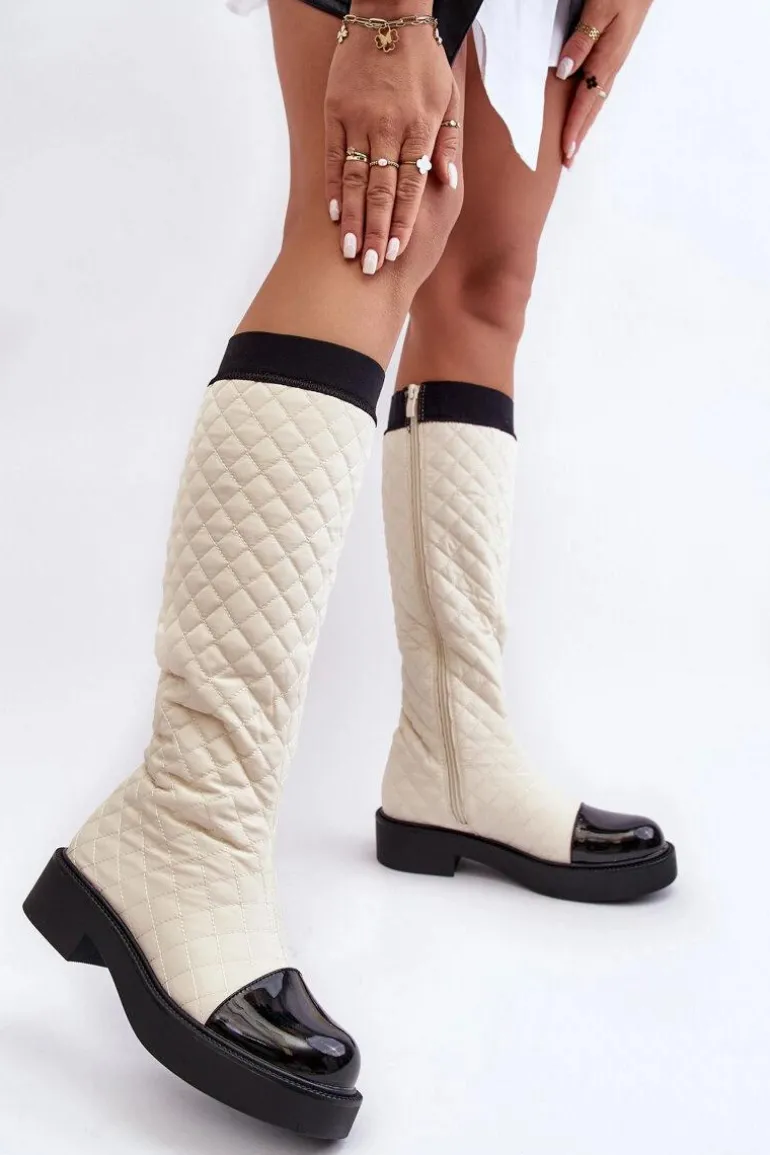 Pikowane Kozaki Przed Kolano Na Płaskim Obcasie Beżowe Amalfri