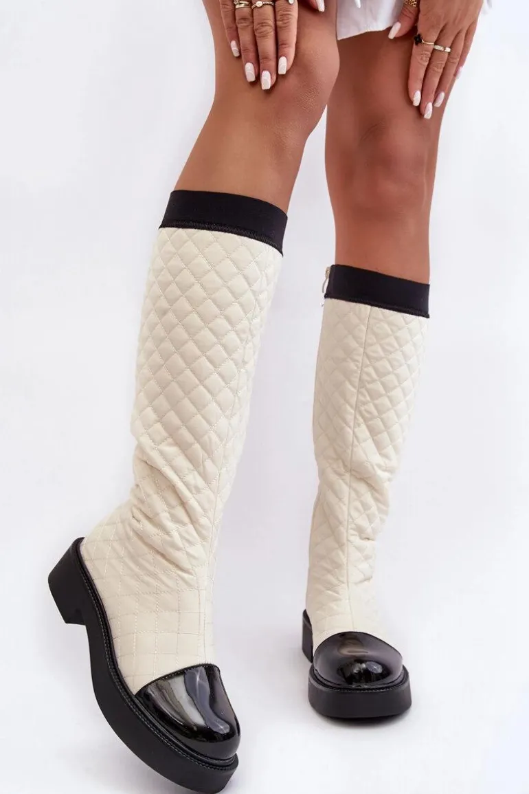 Pikowane Kozaki Przed Kolano Na Płaskim Obcasie Beżowe Amalfri