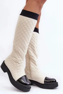 Pikowane Kozaki Przed Kolano Na Płaskim Obcasie Beżowe Amalfri