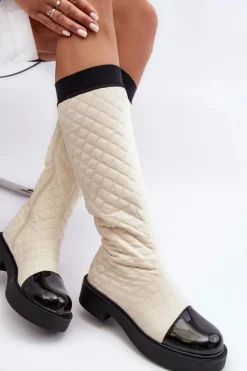 Pikowane Kozaki Przed Kolano Na Płaskim Obcasie Beżowe Amalfri