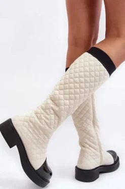 Pikowane Kozaki Przed Kolano Na Płaskim Obcasie Beżowe Amalfri