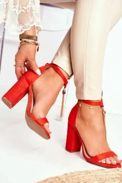 Pomarańczowe Zamszowe Sandałki na Słupku z Frędzlem Annick