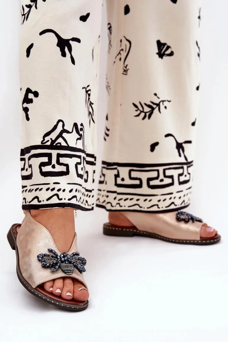 Połyskujące Sandały Damskie Z Ozdobą Płaskie Różowe Złoto Russona