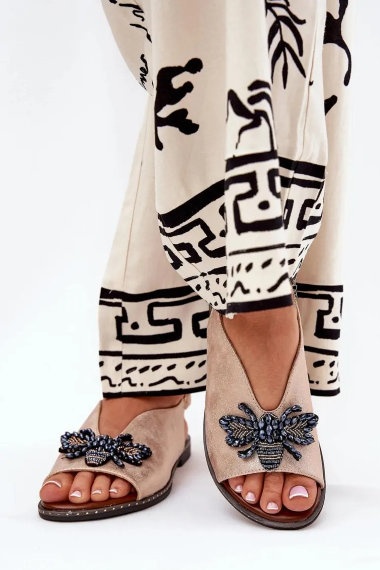 Połyskujące Sandały Damskie Z Ozdobą Płaskie Różowe Złoto Russona