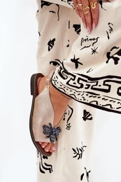 Połyskujące Sandały Damskie Z Ozdobą Płaskie Różowe Złoto Russona