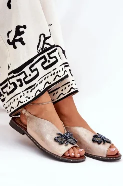 Połyskujące Sandały Damskie Z Ozdobą Płaskie Różowe Złoto Russona