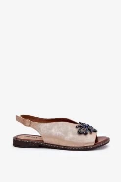 Połyskujące Sandały Damskie Z Ozdobą Płaskie Różowe Złoto Russona