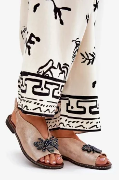 Połyskujące Sandały Damskie Z Ozdobą Płaskie Różowe Złoto Russona