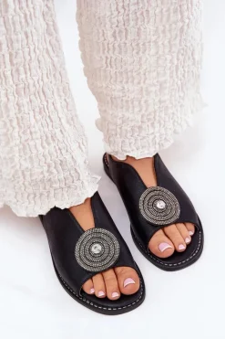 Połyskujące Sandały Damskie Ozdobnym Detalem S.Barski KV51-012 Czarne