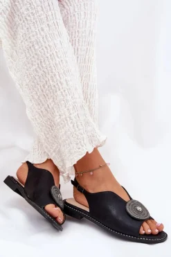 Połyskujące Sandały Damskie Ozdobnym Detalem S.Barski KV51-012 Czarne