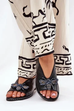 Połyskujące Sandały Damskie Z Ozdobą Płaskie Czarne Russona