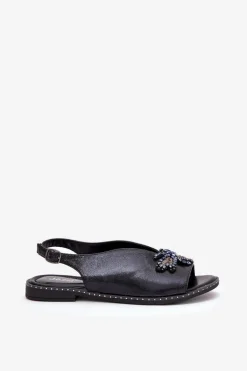 Połyskujące Sandały Damskie Z Ozdobą Płaskie Czarne Russona