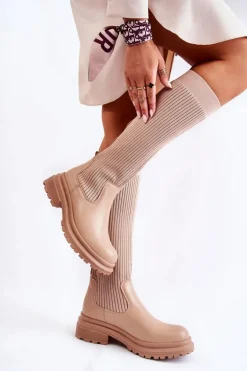 Prążkowane Damskie Kozaki Na Płaskim Obcasie Beżowe Allys
