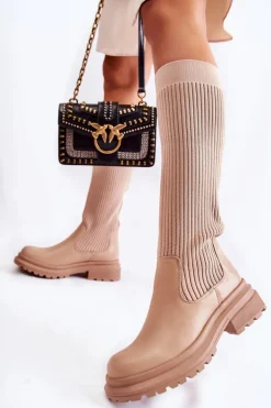 Prążkowane Damskie Kozaki Na Płaskim Obcasie Beżowe Allys