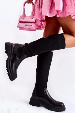 Prążkowane Damskie Kozaki Na Płaskim Obcasie Czarne Allys