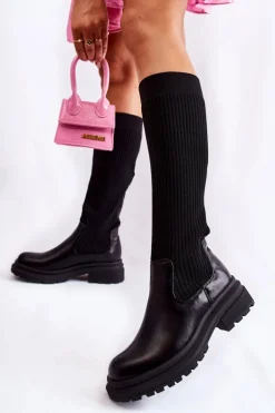 Prążkowane Damskie Kozaki Na Płaskim Obcasie Czarne Allys