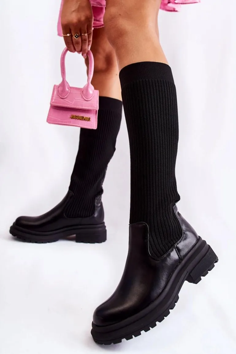 Prążkowane Damskie Kozaki Na Płaskim Obcasie Czarne Allys