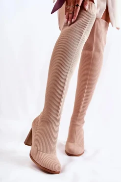 Prążkowane Klasyczne Kozaki Na Obcasie Beżowe Laossi