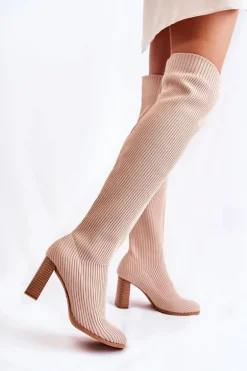 Prążkowane Klasyczne Kozaki Na Obcasie Beżowe Laossi