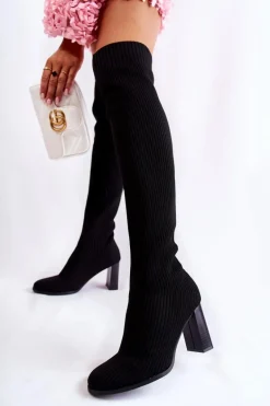 Prążkowane Klasyczne Kozaki Na Obcasie Czarne Laossi