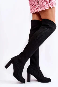 Prążkowane Klasyczne Kozaki Na Obcasie Czarne Laossi