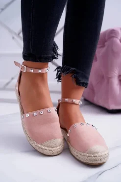 Różowe Zamszowe Espadryle Balerinki z Ćwiekami Tatiana
