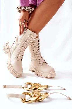 S. Barski Damskie Botki Trapery Beżowe Jensen