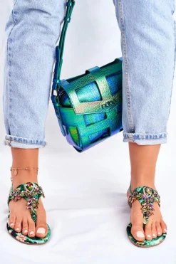 Sandałki Damskie Eleganckie Japonki Kryształki Zielone Under Control