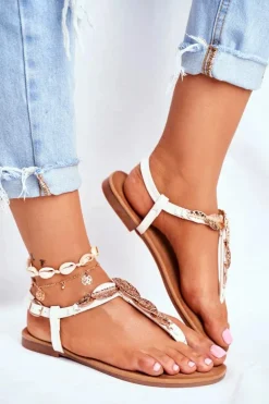 Sandałki Damskie Eleganckie Japonki Złote Liście Białe Sometimes