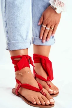 Sandałki Damskie Japonki Wiązane Czerwone Derryl