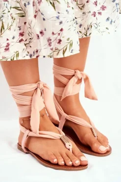 Sandałki Damskie Japonki Wiązane Beżowe Derryl
