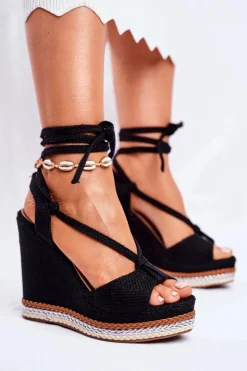 Sandałki Damskie Na Koturnie Wiązane Czarne Sydney