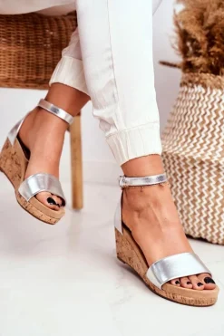 Sandałki Damskie Na Koturnie Srebrne MarryMe