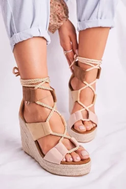 Sandałki Damskie Na Koturnie espadrylu Beżowe Beautiful One
