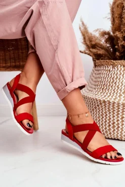 Sandałki Damskie Na Koturnie Czerwone Wsuwane Harper