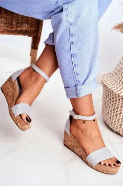 Sandałki Damskie Na Koturnie Szare MarryMe