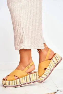 Sandałki Damskie Na Koturnie espadrylu Żółte Sandy