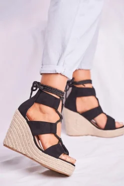 Sandałki Damskie Na Koturnie espadrylu czarne Beautiful One