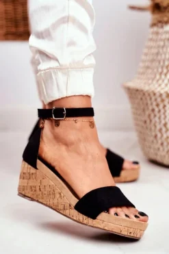 Sandałki Damskie Na Koturnie Czarne MarryMe