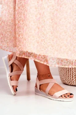 Sandałki Damskie Na Koturnie Beżowe Wsuwane Harper