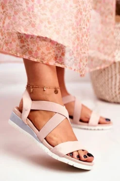 Sandałki Damskie Na Koturnie Beżowe Wsuwane Harper