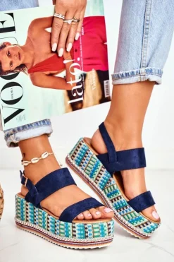 Sandałki Damskie Na Koturnie espadrylu granatowe Sandy