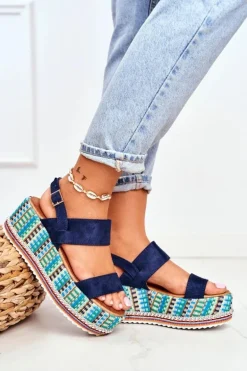 Sandałki Damskie Na Koturnie espadrylu granatowe Sandy