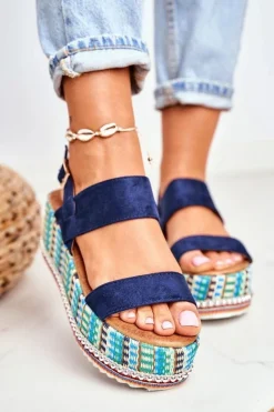 Sandałki Damskie Na Koturnie espadrylu granatowe Sandy