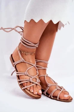 Sandałki Damskie Wiązane Beżowe Negros