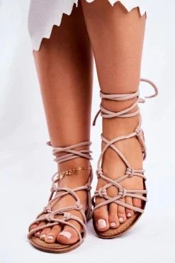 Sandałki Damskie Wiązane Beżowe Negros