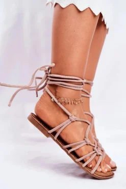 Sandałki Damskie Wiązane Beżowe Negros