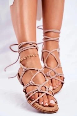 Sandałki Damskie Wiązane Beżowe Negros