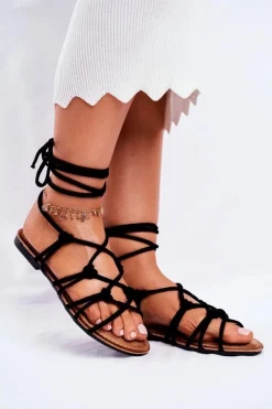 Sandałki Damskie Wiązane Czarne Negros